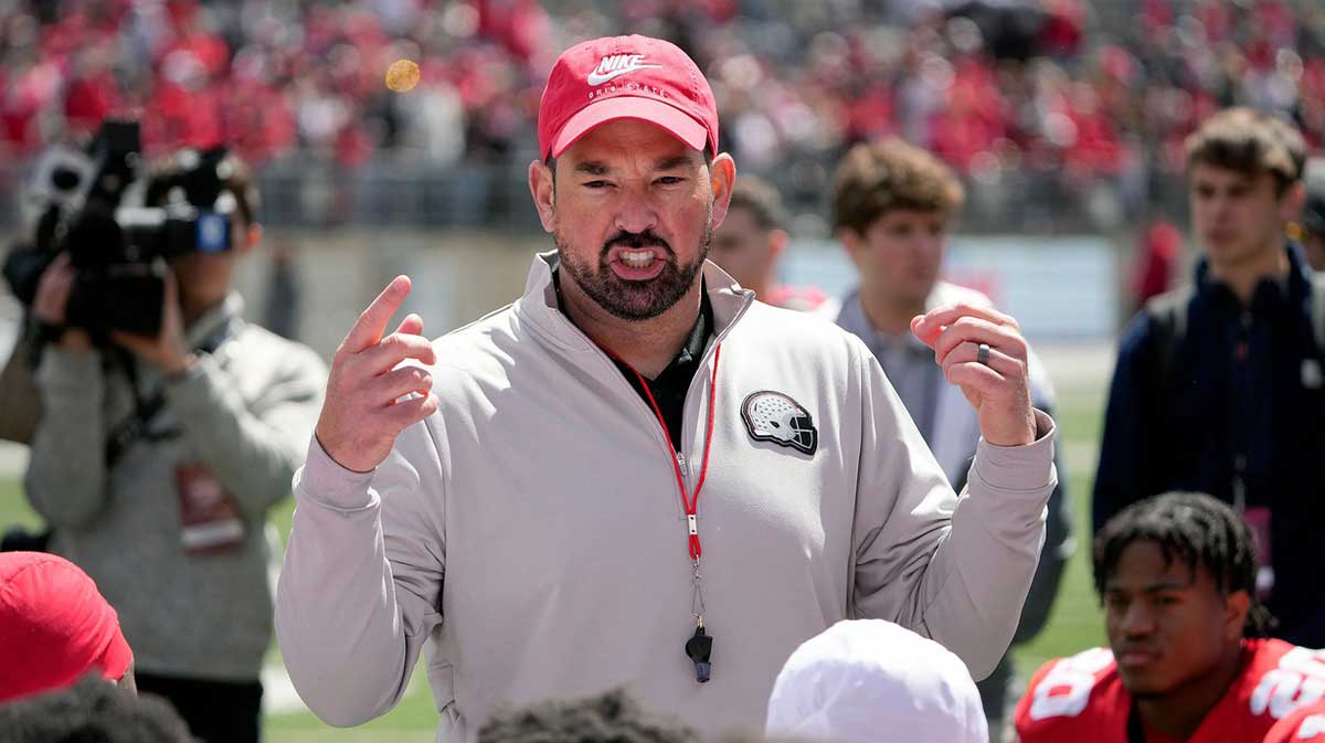 Ohio State Buckeye head coach Ryan Day addresses his team after the spring game at Ohio Stadium on April 12, 2025.