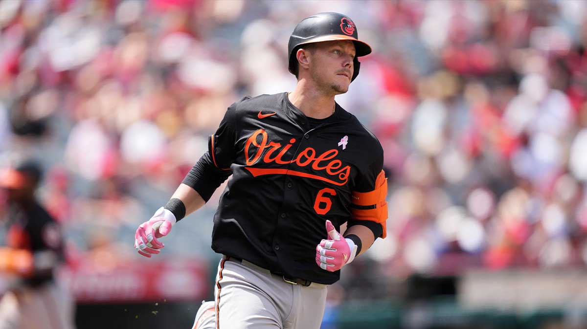 Baltimore Orioles first baseman Ryan Mountcastle (6) runs the bases after hitting a run-scoring single in the fifth inning against the Los Angeles Angels at Angel Stadium.