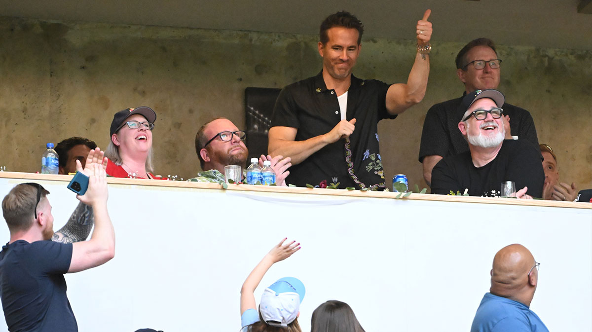 Ryan Reynolds, who was asked why Travis Kelce unfollowed him amid the drama between Taylor Swift and Blake Lively, at Wrexham FC game.