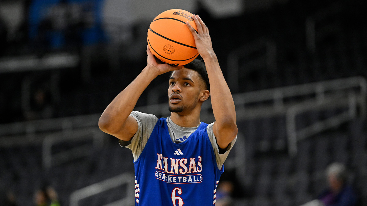 Kansas Jayhawks guard Rylan Griffen (6) practices at Amica Mutual Pavilion.