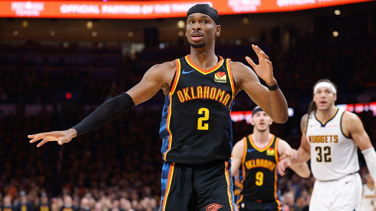Oklahoma City Thunder guard Shai Gilgeous-Alexander (2) gestures to his team before a play against the Denver Nuggets during the second half during game one of the second round for the 2025 NBA Playoffs at Paycom Center.