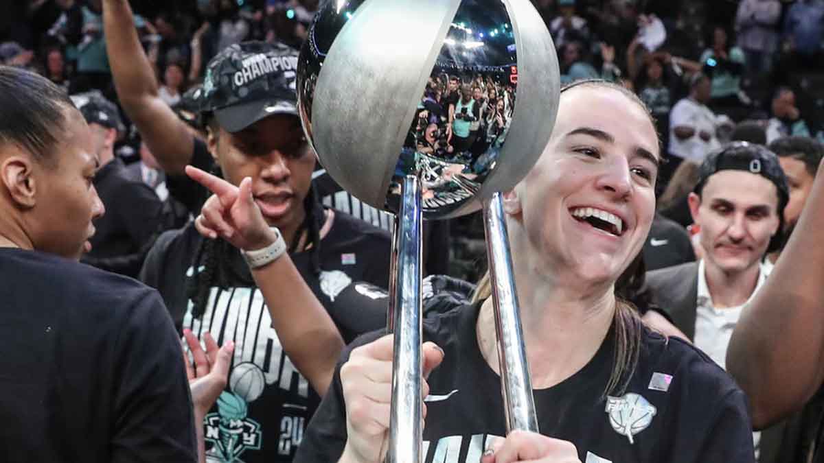 New York Liberty guard Sabrina Ionescu (20) following game five of the 2024 NBA Finals at Barclays Center.