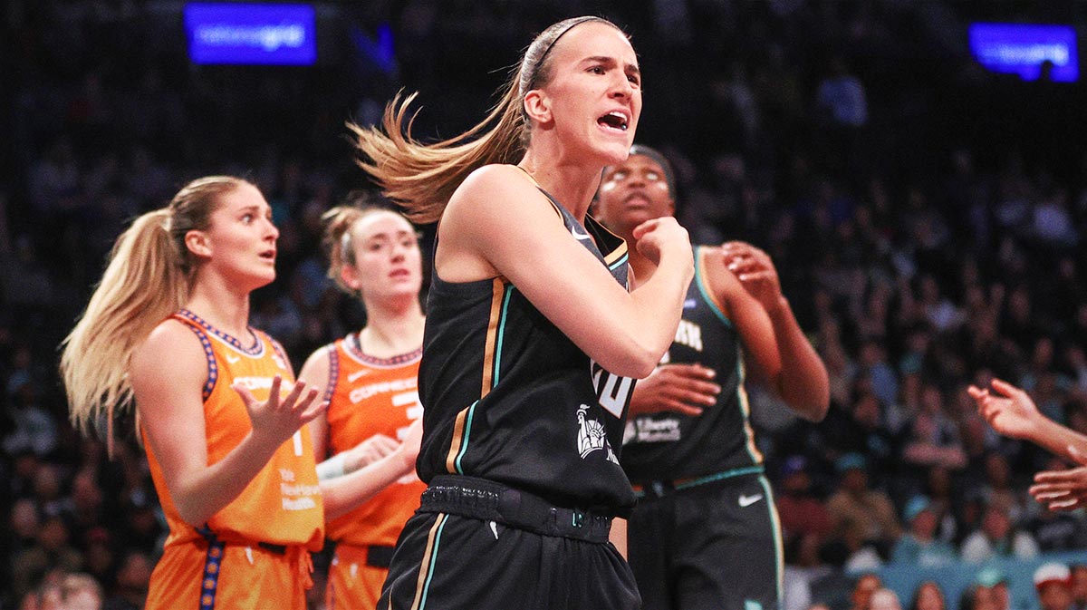 New York Liberty guard Sabrina Ionescu (20) celebrates after scoring in the second quarter against the Connecticut Sun at Barclays Center.