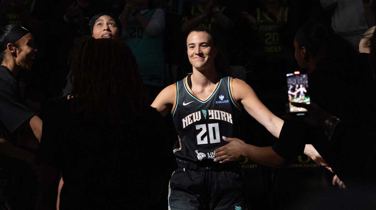 Sabrina Ionescu is introduced before the game between the Toyota Antelopes an the New York Liberty Matthew Knight Arena May 12, 2025 in Eugene.