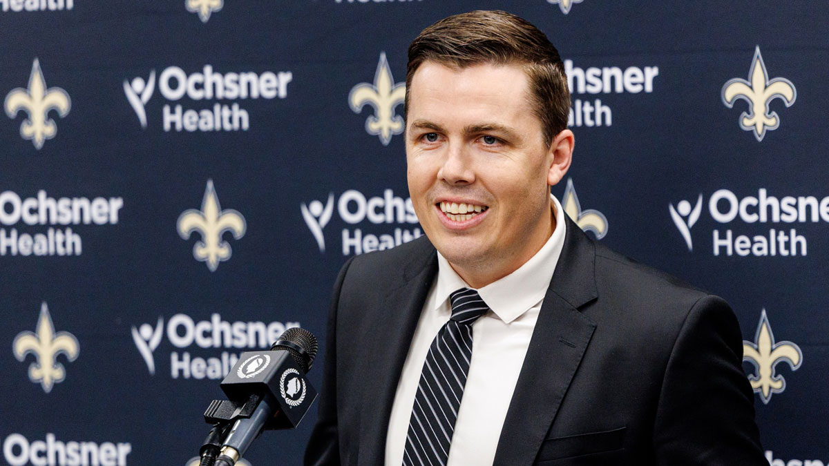 Feb 13, 2025; New Orleans, LA, USA; New Orleans Saints introduce Kellen Moore as the head coach and he addresses the media at Ochsner Sports Performance Center.