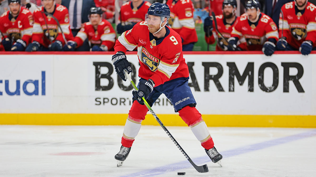 Florida Panthers center Sam Bennett (9) controls the puck during the first period against the Carolina Hurricanes in game four of the Eastern Conference Final of the 2025 Stanley Cup Playoffs at Amerant Bank Arena.