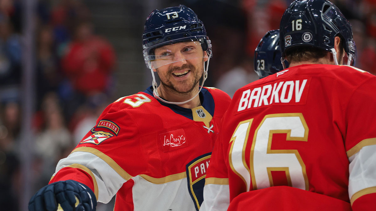 Florida Panthers center Sam Reinhart (13) celebrates after scoring against the New York Rangers during the second period at Amerant Bank Arena.