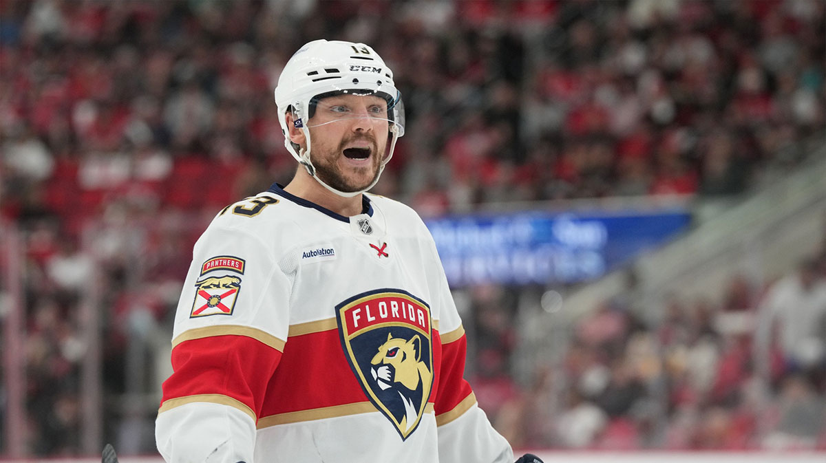 Florida Panthers forward Sam Reinhart (13) reacts during the second period against the Carolina Hurricanes in game one of the Eastern Conference Final of the 2025 Stanley Cup Playoffs at Lenovo Center.