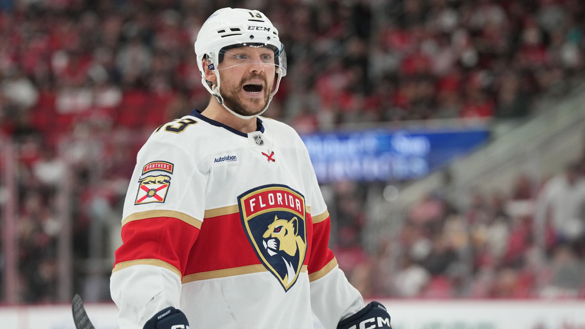 Florida Panthers forward Sam Reinhart (13) reacts during the second period against the Carolina Hurricanes in game one of the Eastern Conference Final of the 2025 Stanley Cup Playoffs at Lenovo Center.