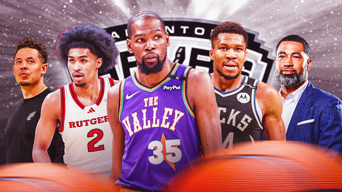 Dylan Harper, Giannis Antetokunmpo, Kevin Durant in the middle, Head coach Mitch Johnson, and GM Brian Wright around them, San Antonio Spurs wallpaper in the background