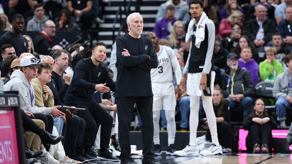 San Antonio Spurs head coach Gregg Popovich watches play against the Utah Jazz during the fourth quarter at Delta Center. Mandatory Credit: Rob Gray-Imagn Images