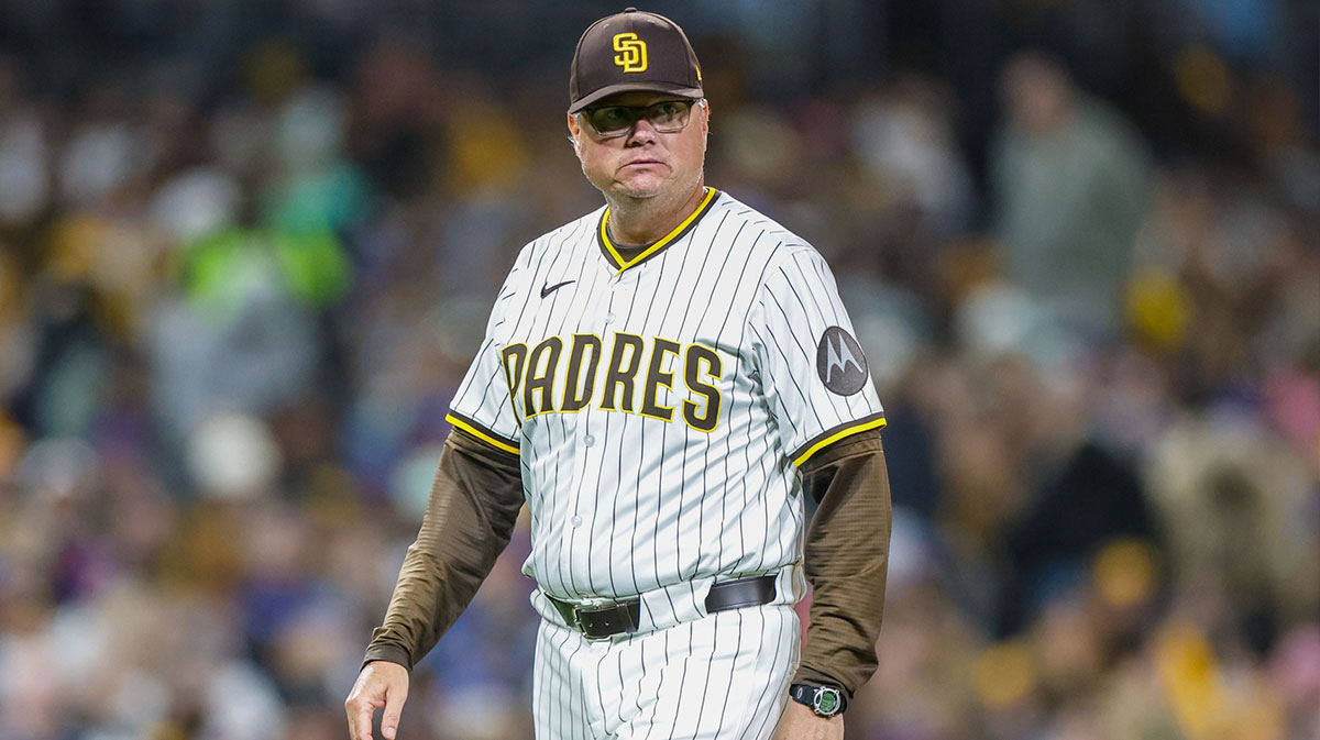 San Diego Padres manager Mike Shildt (8) walks back to the dugout after making a pitching change during the sixth inning at Petco Park.