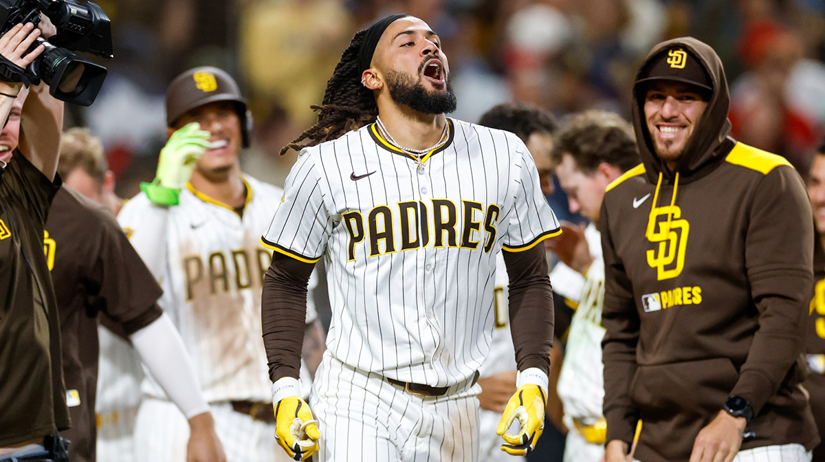San Diego Padres right fielder Fernando Tatis Jr. (23) celebrates after hitting a walk-off two run home run during the ninth inning against the Los Angeles Angels at Petco Park.