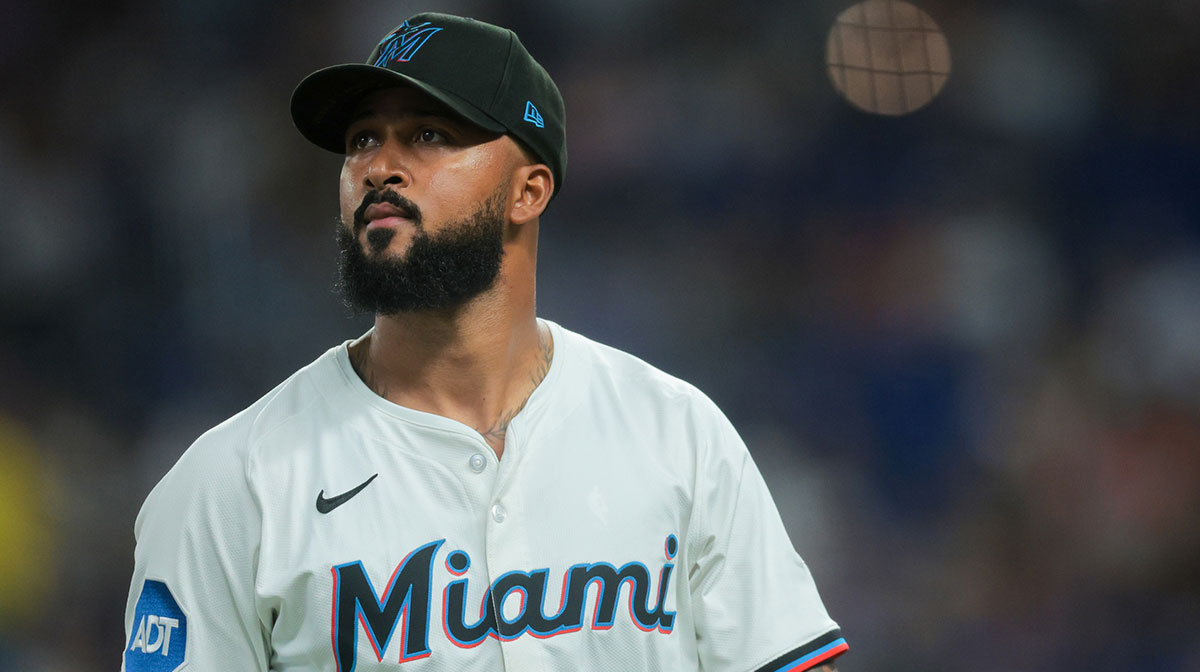 Miami Marlins starting pitcher Sandy Alcantara (22) looks on against the Los Angeles Dodgers during the first inning at loanDepot Park.