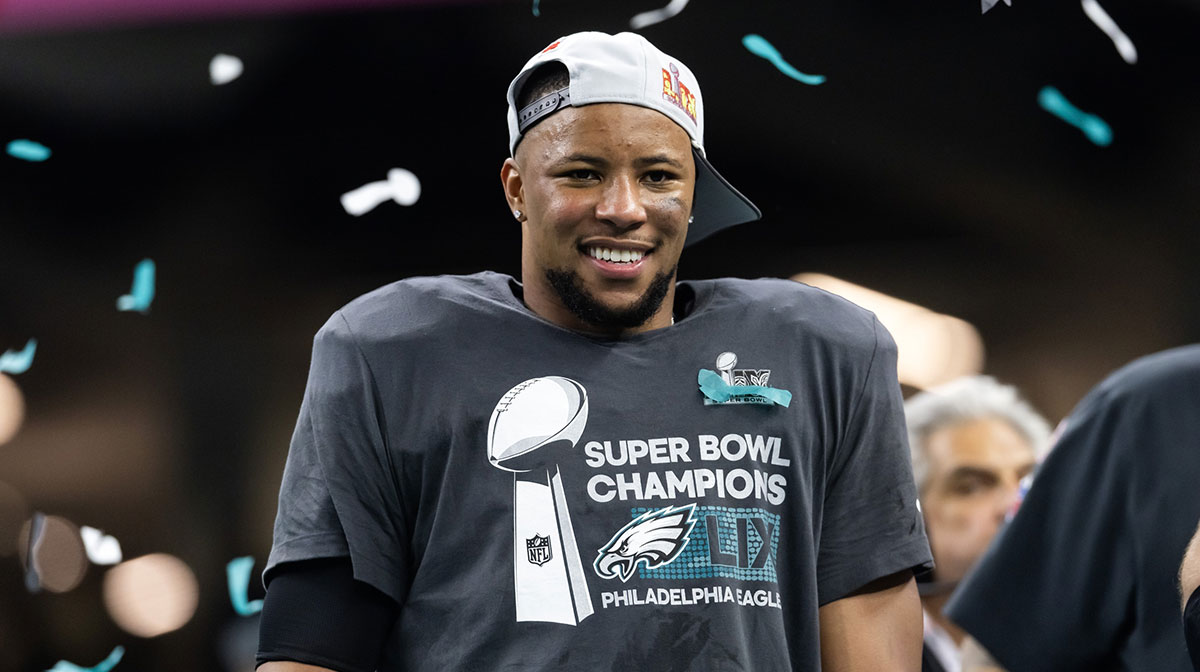 Philadelphia Eagles running back Saquon Barkley (26) celebrates after defeating the Kansas City Chiefs during Super Bowl LIX at Ceasars Superdome.