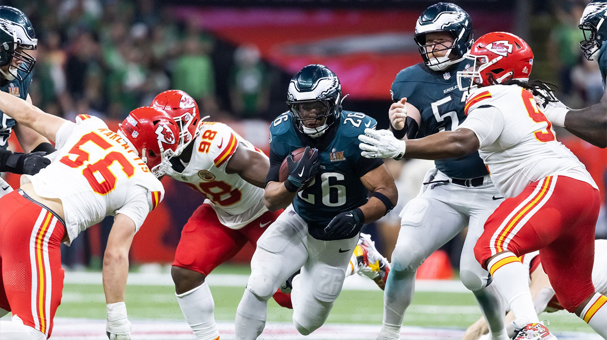 Philadelphia Eagles running back Saquon Barkley (26) against the Kansas City Chiefs during Super Bowl LIX at Ceasars Superdome.
