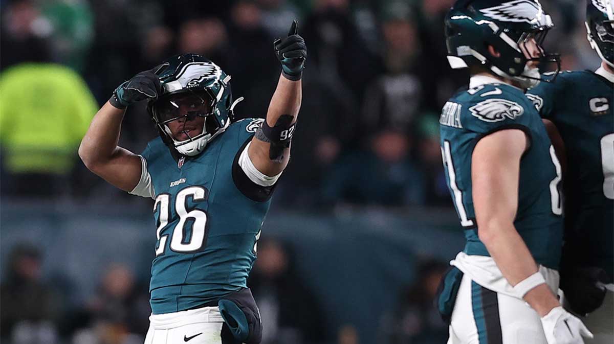 Jan 12, 2025; Philadelphia, Pennsylvania, USA; Philadelphia Eagles running back Saquon Barkley (26) reacts against the Green Bay Packers in the fourth quarter in an NFC wild card game at Lincoln Financial Field. Mandatory Credit: Bill Streicher-Imagn Images