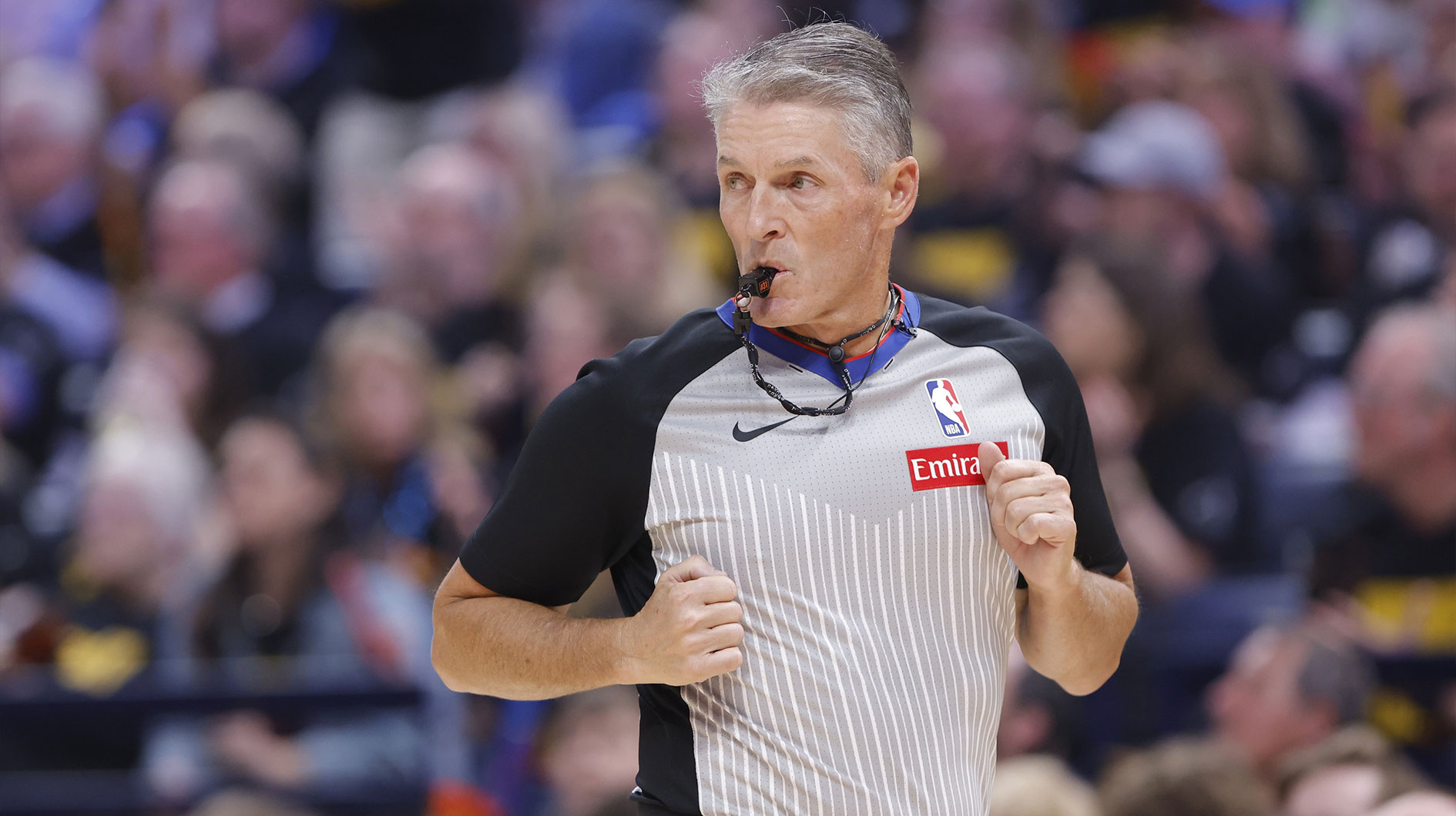 Official Scott Foster runs down the court during the first quarter of game two of the second round for the 2025 NBA Playoffs between the Denver Nuggets and Oklahoma City Thunder at Paycom Center.