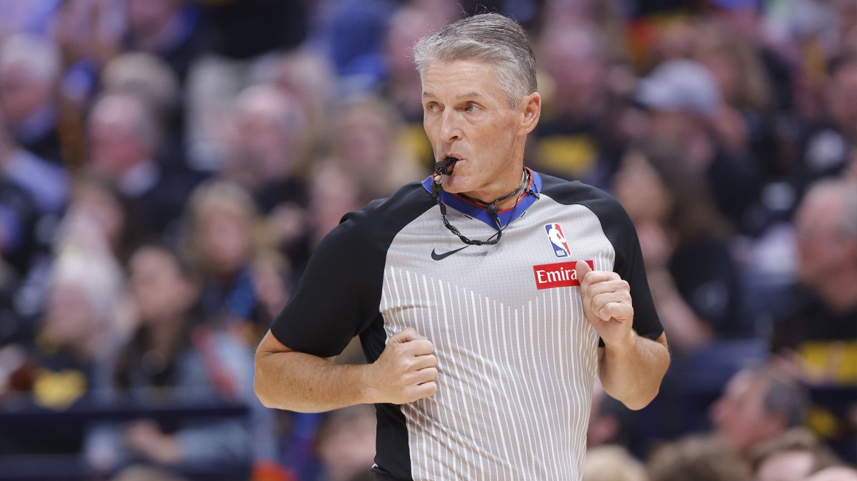 Official Scott Foster runs down the court during the first quarter of game two of the second round for the 2025 NBA Playoffs between the Denver Nuggets and Oklahoma City Thunder at Paycom Center.