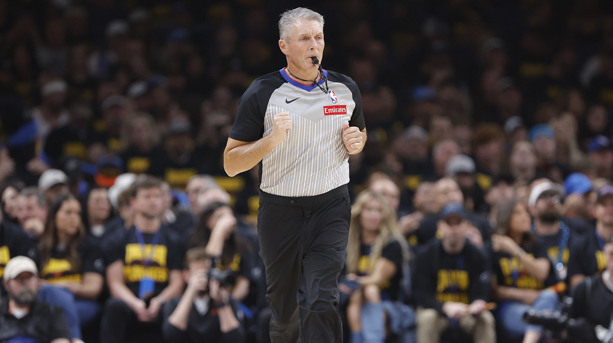 Official Scott Foster runs down the court during the second quarter of game two of the second round for the 2025 NBA Playoffs between the Denver Nuggets and Oklahoma City Thunder at Paycom Center.