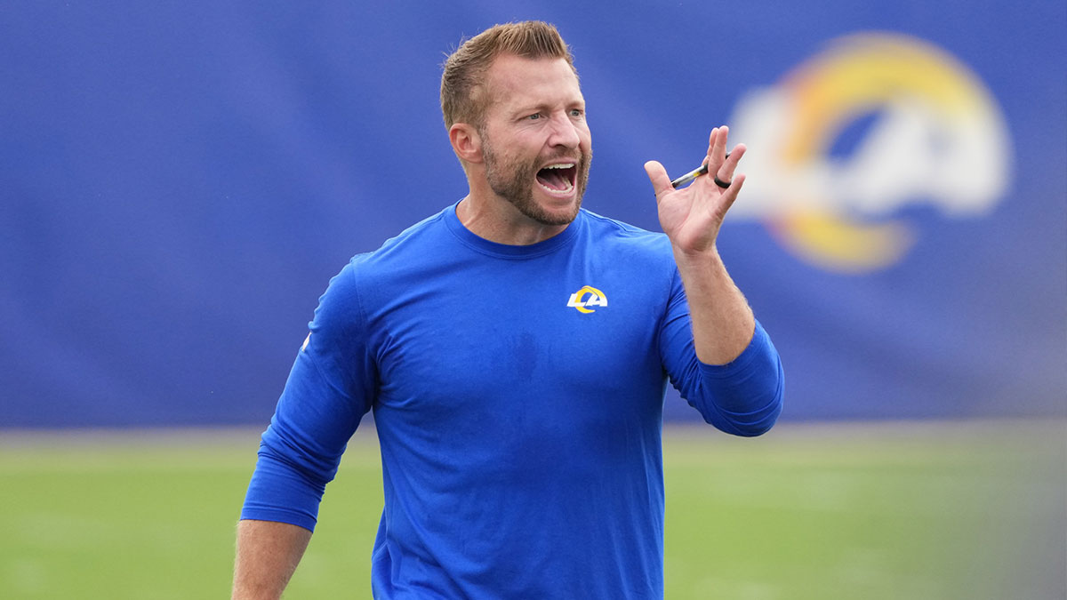 Los Angeles Rams head coach Sean McVay watches offensive drills during organized team activities at Rams Practice Facility.