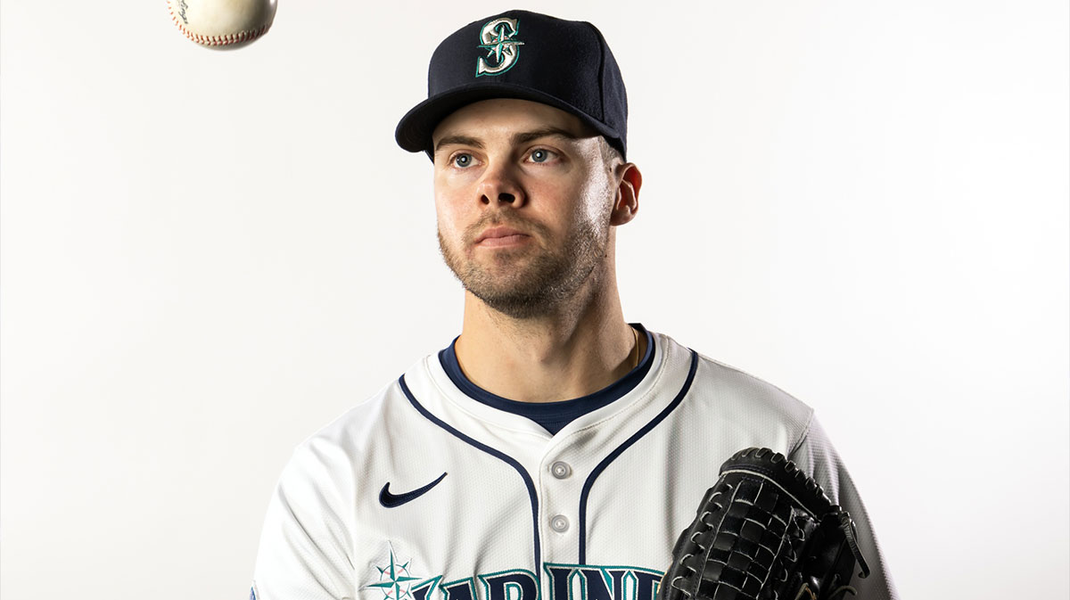 Seattle Mariners pitcher Matt Brash poses for a portrait during media day at Peoria Sports Complex.