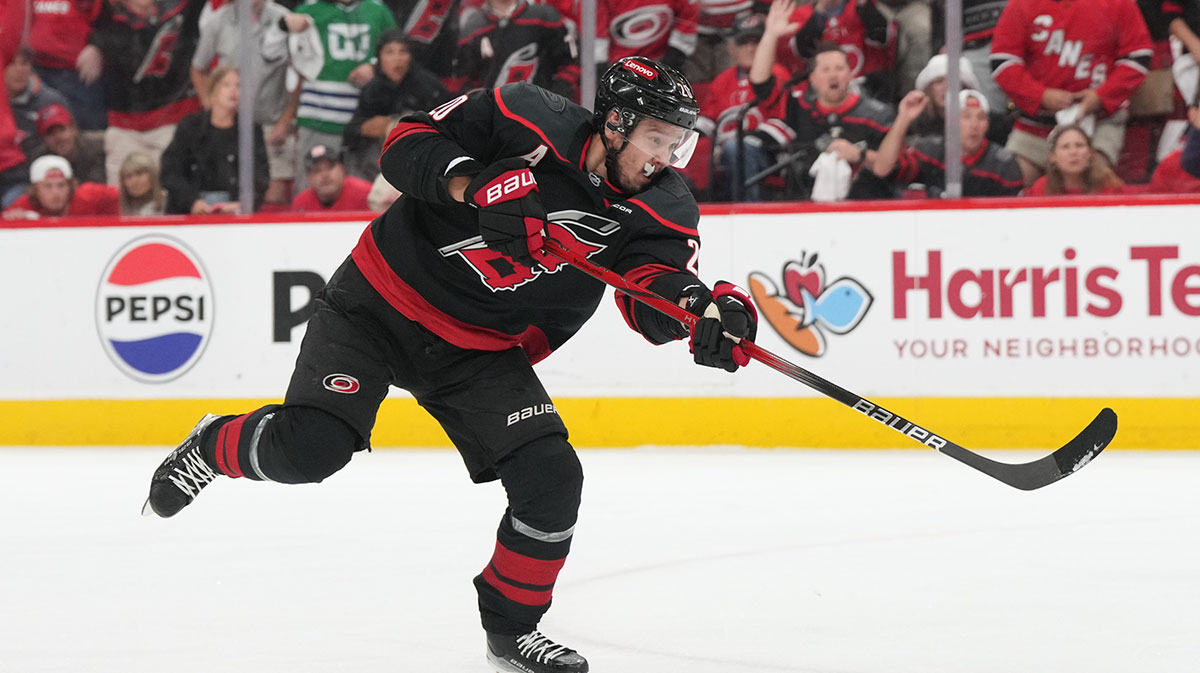 Carolina Hurricanes forward Sebastian Aho (20) shoots the puck during the first period against the Florida Panthers in game five of the Eastern Conference Final of the 2025 Stanley Cup Playoffs at Lenovo Center.