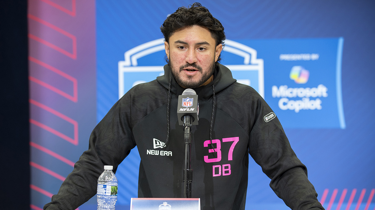 Feb 27, 2025; Indianapolis, IN, USA; Iowa defensive back Sebastian Castro (DB37) during the 2025 NFL Combine at Lucas Oil Stadium. Mandatory Credit: Tanner Pearson-Imagn Images