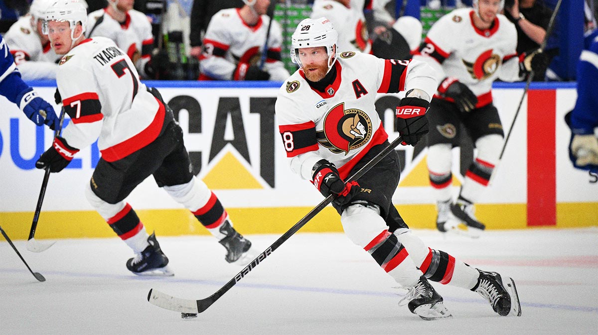 Ottawa Senators forward Claude Giroux (28) skates with the puck against the Toronto Maple Leafs in the second period in game two of the first round of the 2025 Stanley Cup Playoffs at Scotiabank Arena.