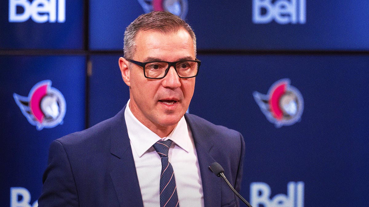President of Hockey Operations and General Manager Steve Staios speaks to the media prior to match between the Dallas Stars and the Ottawa Senators at the Canadian Tire Centre.