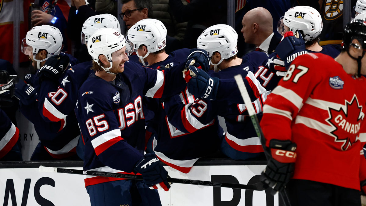 Team USA defenseman Jake Sanderson (85) celebrates scoring during the second period against Team Canada during the 4 Nations Face-Off ice hockey championship game at TD Garden.