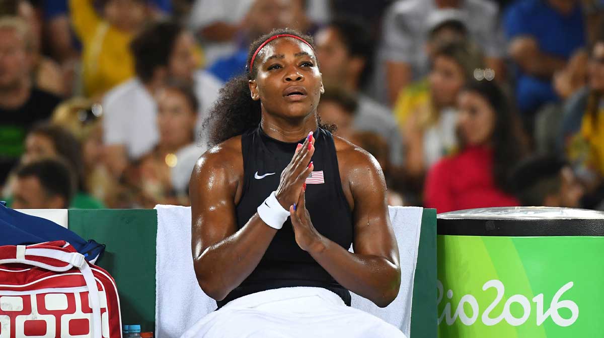 Aug 9, 2016; Rio de Janeiro, Brazil; Serena Williams (USA) takes a moment between games during a third round tennis match against Elina Svitolina (UKR) at Olympic Tennis Centre in the Rio 2016 Summer Olympic Games. Mandatory Credit: Christopher Hanewinckel-Imagn Images