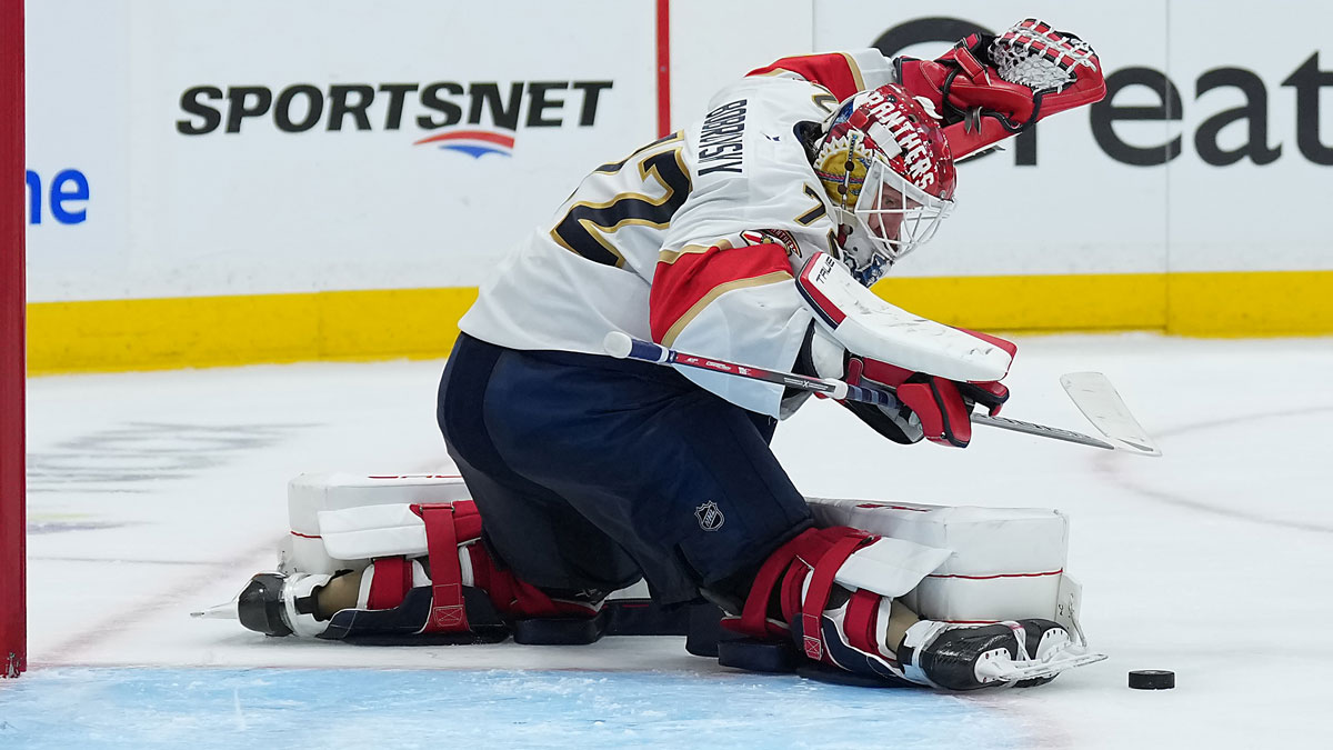 Florida Panthers goaltender Sergei Bobrovsky (72) stops the puck against the Toronto Maple Leafs during the third period in game two of the second round of the 2025 Stanley Cup Playoffs at Scotiabank Arena.