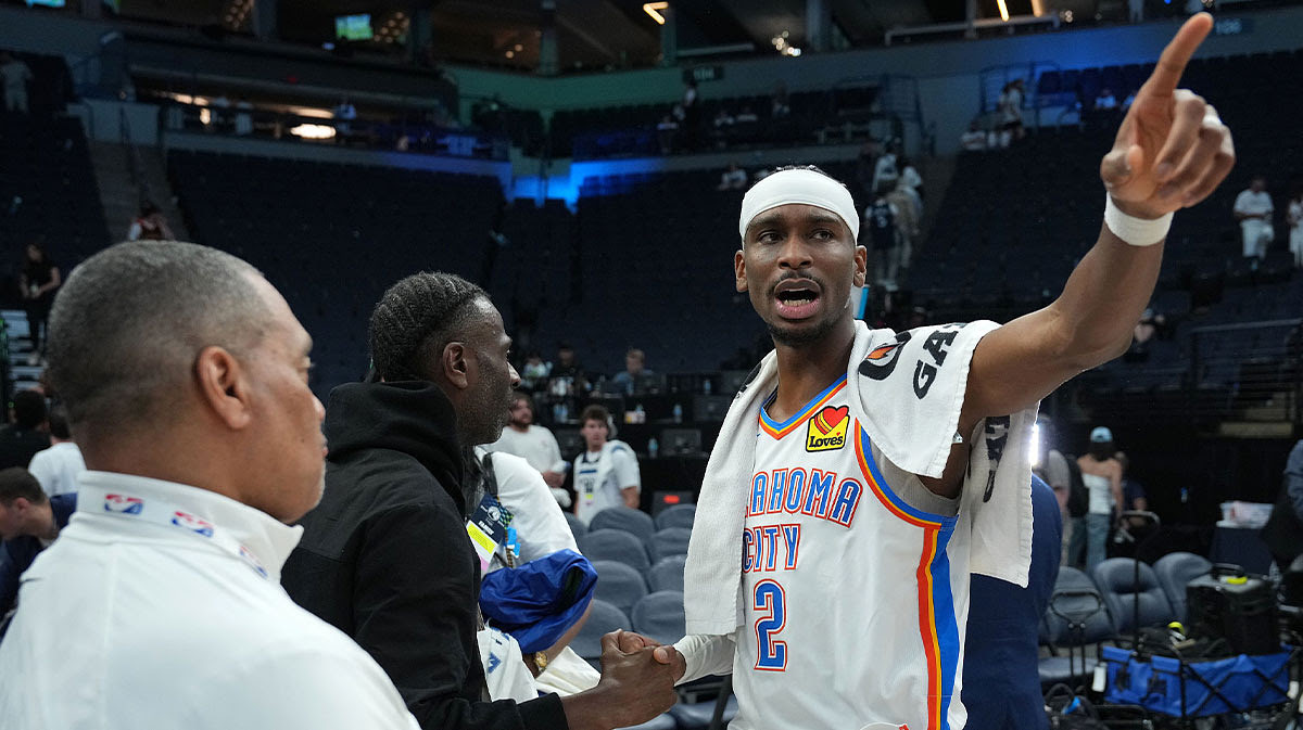 Oklahoma City Thunder guard Shai Gilgeous-Alexander (2) reacts after defeating the Minnesota Timberwolves in game four.