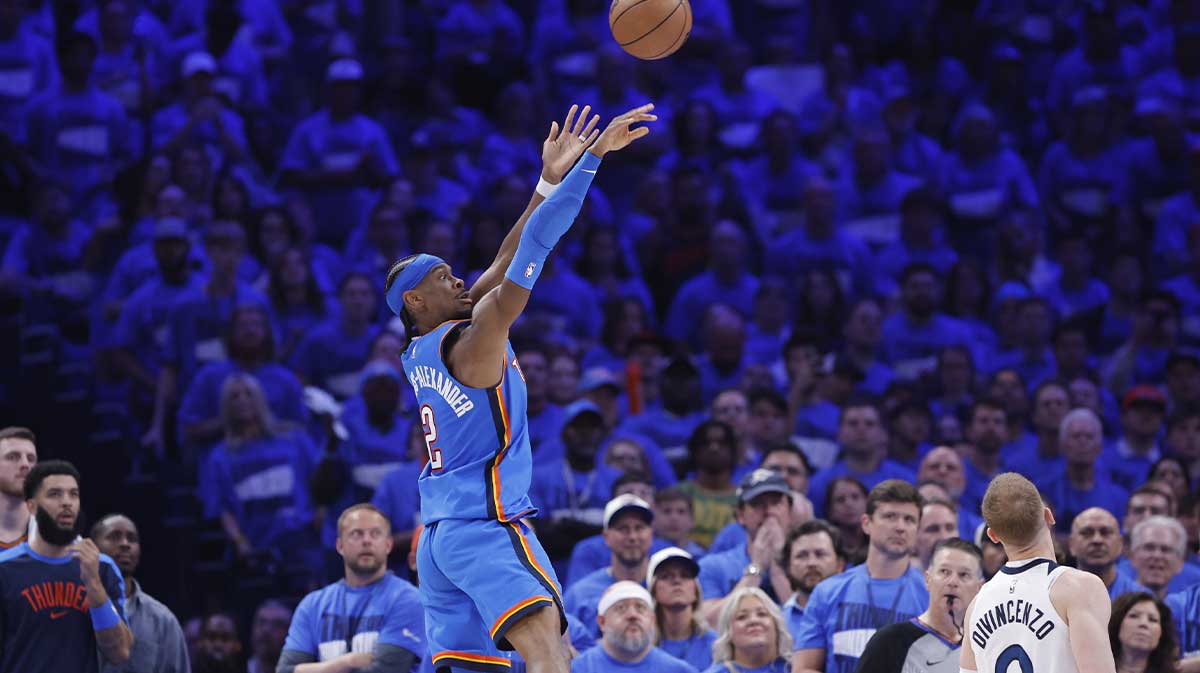 Oklahoma City Thunder guard Shai Gilgeous-Alexander (2) shoots in the third quarter against the Minnesota Timberwolves during game two of the western conference finals for the 2025 NBA Playoffs at Paycom Center.