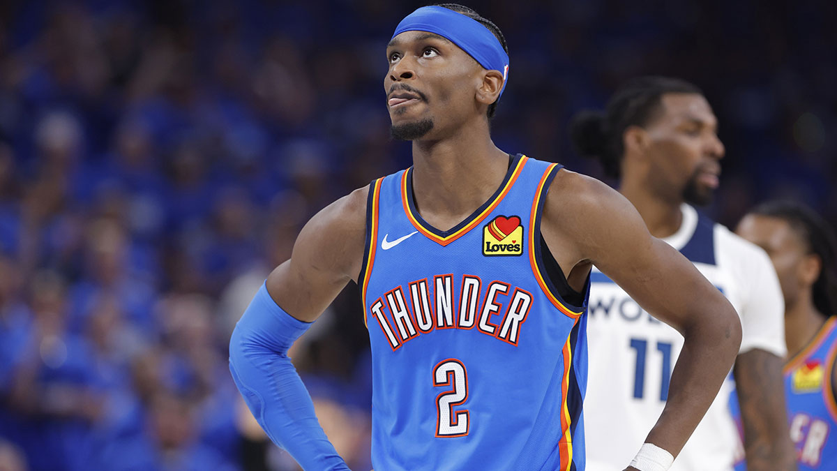 Oklahoma City Thunder guard Shai Gilgeous-Alexander (2) in the third quarter against the Minnesota Timberwolves during game two of the western conference finals for the 2025 NBA Playoffs at Paycom Center.