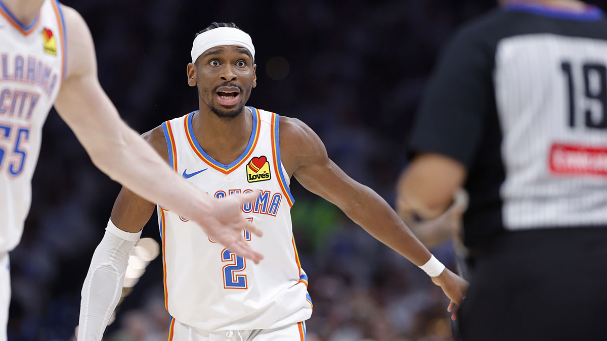Oklahoma City Thunder guard Shai Gilgeous-Alexander (2) reacts after an officials call against the Minnesota Timberwolves in the second quarter during game one of the western conference finals for the 2025 NBA Playoffs at Paycom Center.