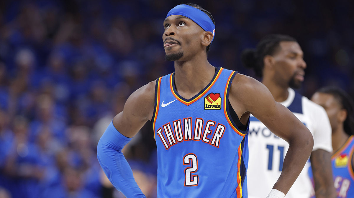 Oklahoma City Thunder guard Shai Gilgeous-Alexander (2) in the third quarter against the Minnesota Timberwolves during game two of the western conference finals for the 2025 NBA Playoffs at Paycom Center.