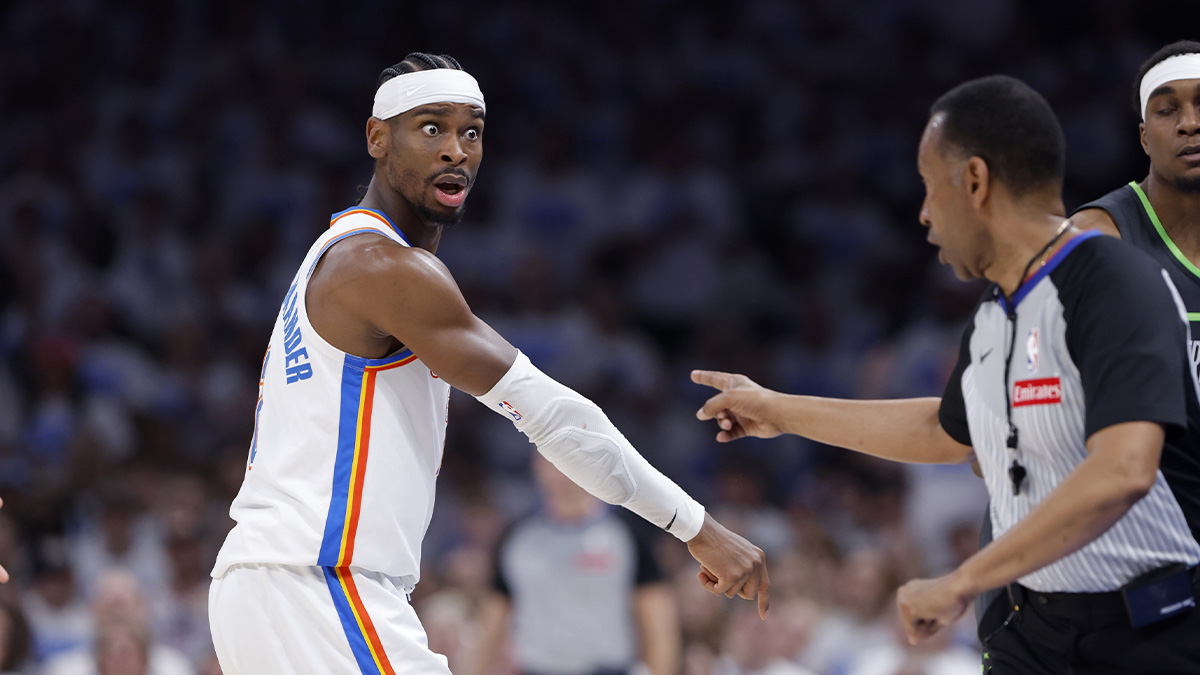 Oklahoma City Thunder guard Shai Gilgeous-Alexander (2) reacts after an officials call against him against the Minnesota Timberwolves in the second quarter during game one of the western conference finals for the 2025 NBA Playoffs at Paycom Center.