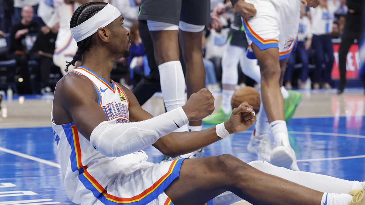 Oklahoma City Thunder guard Shai Gilgeous-Alexander (2) reacts after a play against the Minnesota Timberwolves in the fourth quarter during game one of the western conference finals for the 2025 NBA Playoffs at Paycom Center.