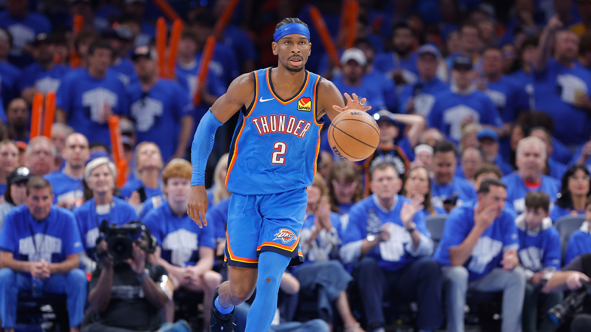 Oklahoma City Thunder guard Shai Gilgeous-Alexander (2) dribbles the ball down the court against the Denver Nuggets in the second half during game seven of the second round for the 2025 NBA Playoffs at Paycom Center.