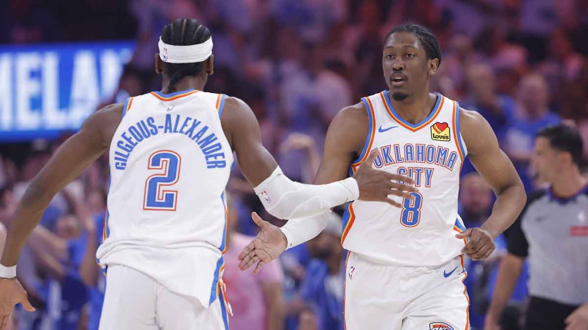 Thunder forward Jalen Williams (8) and guard Shai Gilgeous-Alexander (2) celebrate after a scoring against the Denver Nuggets during the first quarter of game five of the second round for the 2025 NBA Playoffs at Paycom Center