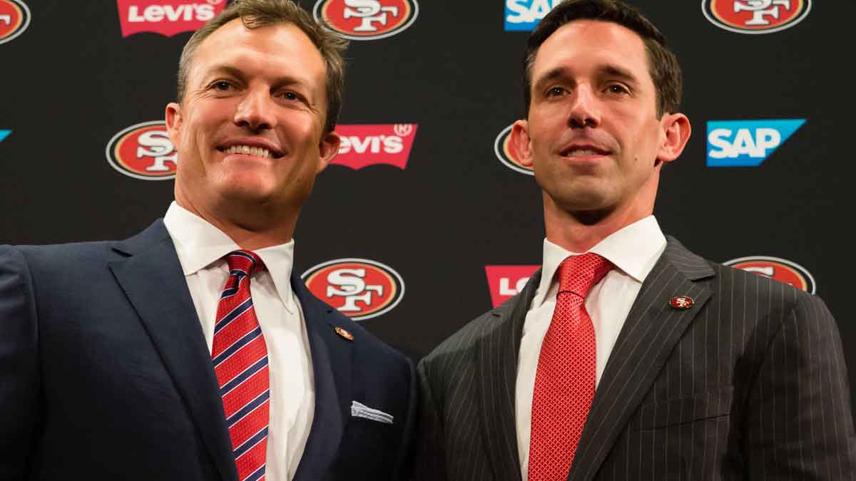Feb 9, 2017; Santa Clara, CA, USA; San Francisco 49ers general manager John Lynch and head coach Kyle Shanahan pose for a photo during a press conference at Levi's Stadium. Mandatory Credit: Kelley L Cox-Imagn Images. As Shanahan and Lynch landed Greg Joseph after extending Brock Purdy.