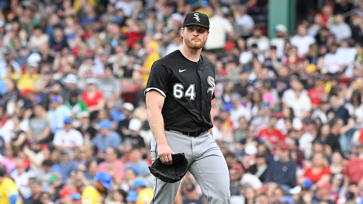Apr 19, 2025; Boston, Massachusetts, USA; Chicago White Sox starting pitcher Shane Smith (64) is relived of pitching duties during the fifth inning against the Boston Red Sox at Fenway Park. Mandatory Credit: Eric Canha-Imagn Images
