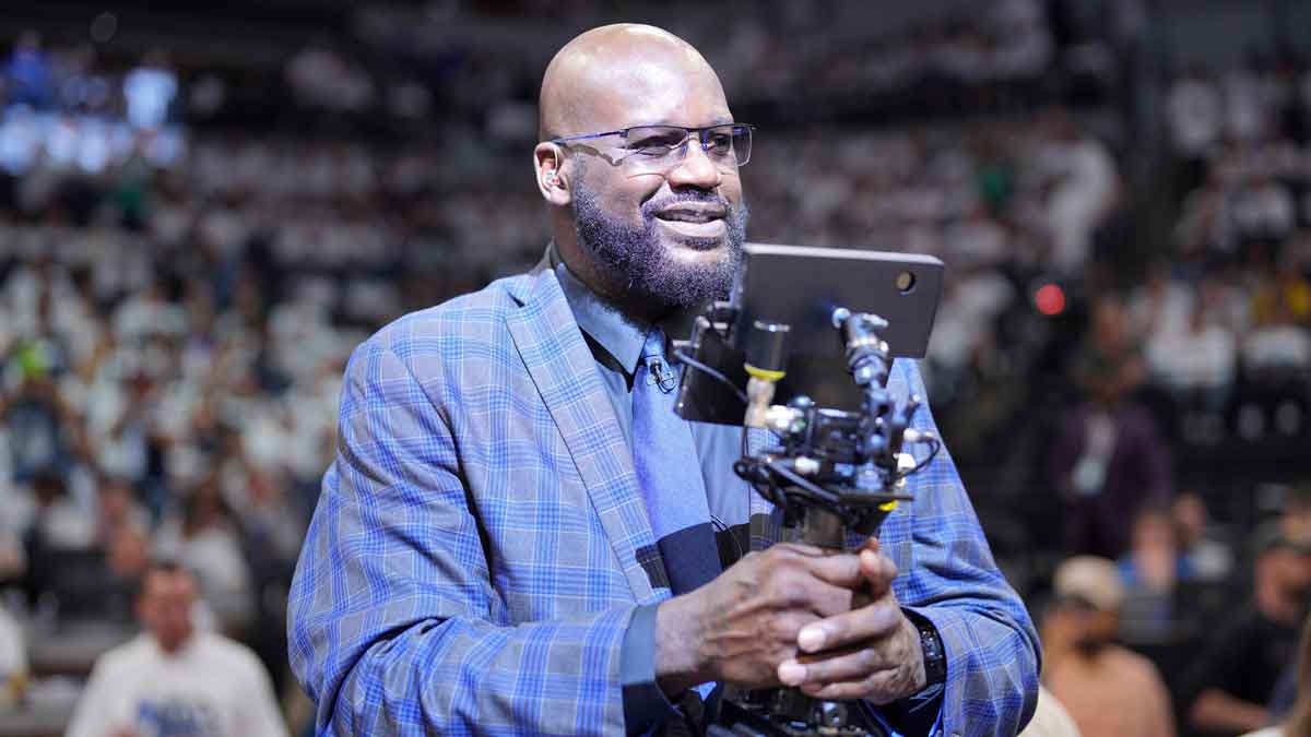 Shaquille O'Neal looks on during halftime between the Minnesota Timberwolves and the Dallas Mavericks during game two of the western conference finals for the 2024 NBA playoffs at Target Center.