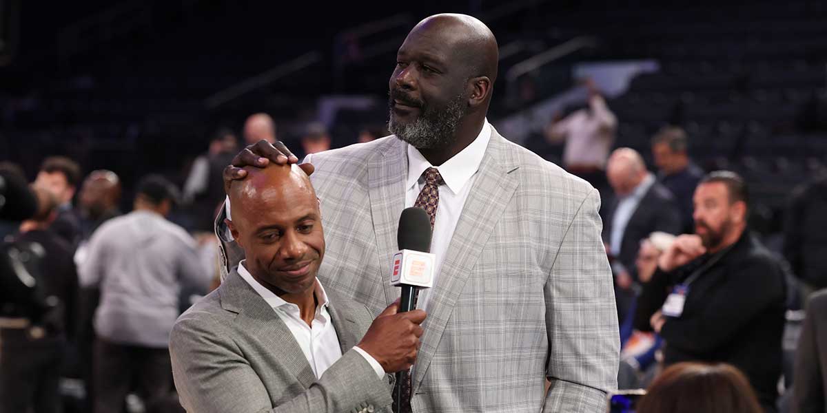 Richard Jefferson and Shaquille O'Neal look on before game five of the eastern conference finals for the 2025 NBA Playoffs at Madison Square Garden.