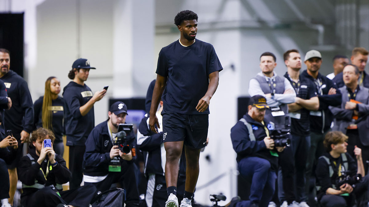 Colorado Buffaloes quarterback Shedeur Sanders (2) runs drills at the University of Colorado NFL Showcase at the CU Indoor Practice Facility