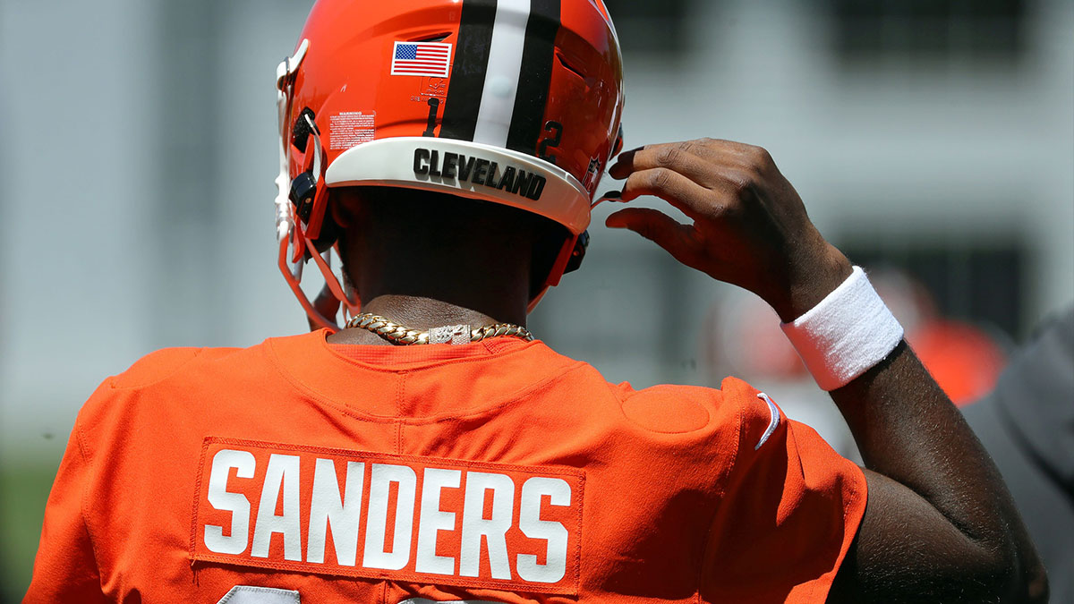 Cleveland Browns quarterback Shedeur Sanders (12) heads on to the field during day two of NFL rookie minicamp at the Cleveland Browns training facility on Saturday, May 10, 2025, in Berea, Ohio.