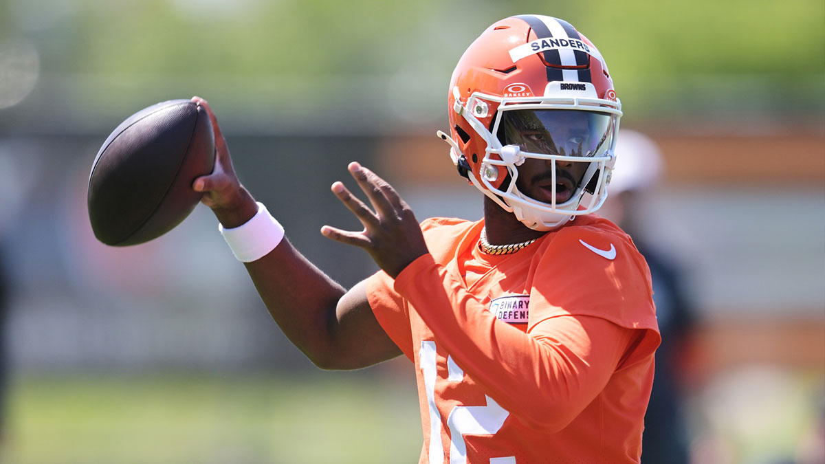 Cleveland Browns quarterback Shedeur Sanders (12) throws a pass during rookie minicamp at CrossCountry Mortgage Campus.