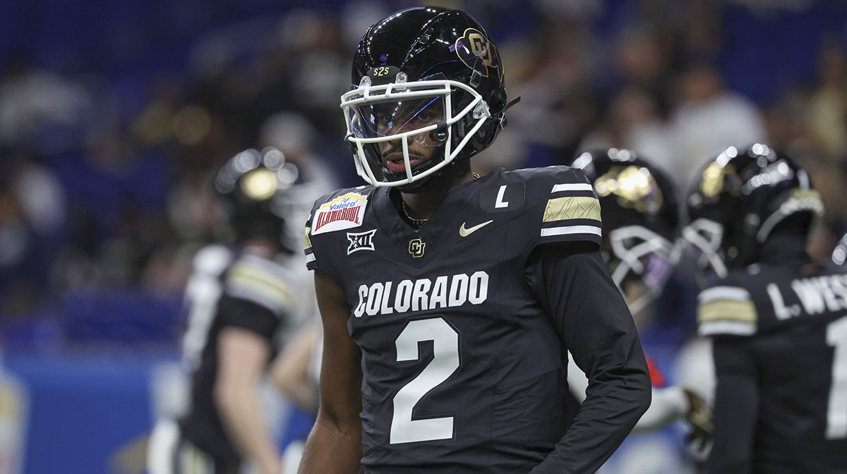 Colorado Buffaloes quarterback Shedeur Sanders (2) warms up before the game against the Brigham Young Cougars at Alamodome.